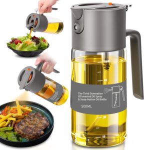 Oil Sprayer for Cooking, 2025 Large Advanced Olive Oil Dispenser Bottle,500ml/17oz Glass Olive Oil Sprayer,2 in 1 Even Spray with Portion Control for Kitchen, Air Fryer, Salad, BBQ - Gray