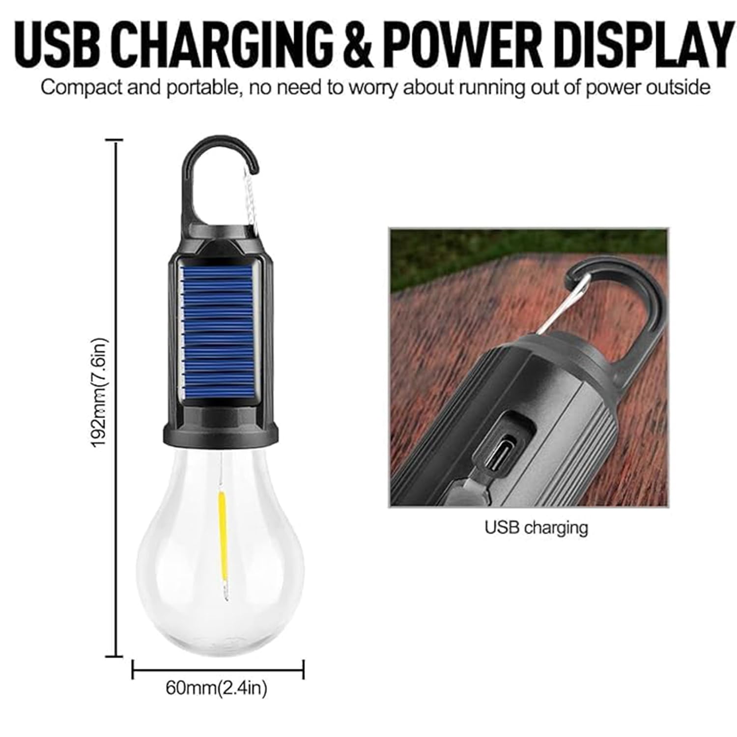 Solar & USB Rechargeable Camping Light Waterproof LED Tent Light With Hanging Hook - Image 2